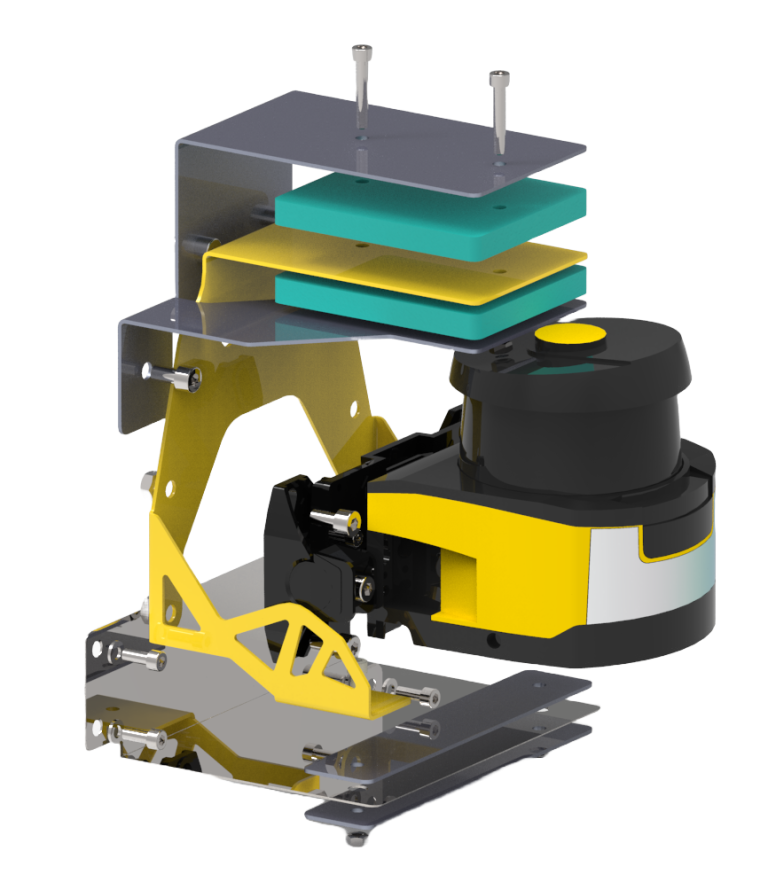 Schockdämpfende Scanner-Halterung als 3D-Rendering – mit Dämpfern und optimierter Blechkonstruktion.