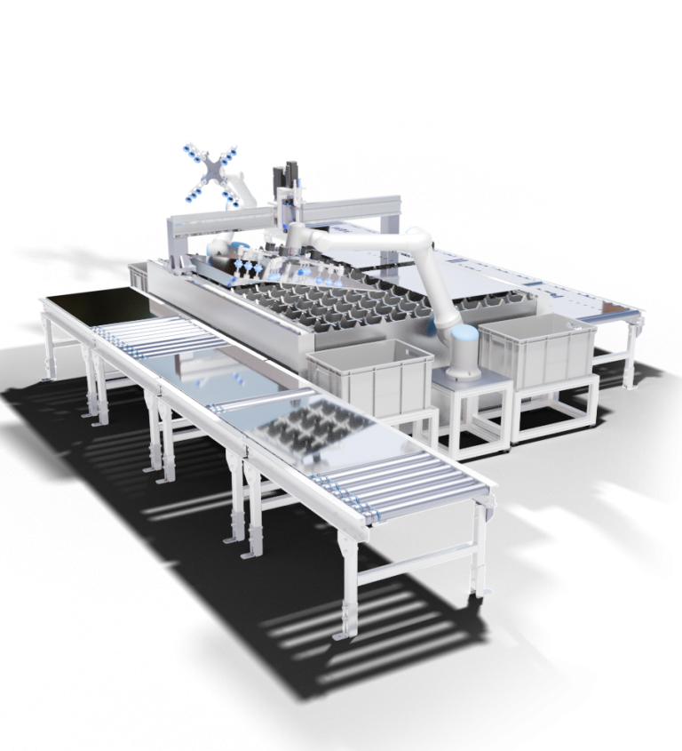 3D-Rendering einer vollautomatisierten Plasmaschneidanlage mit automatisierter Zu- und Abführung durch kollaborative Roboter (Cobots) für pr